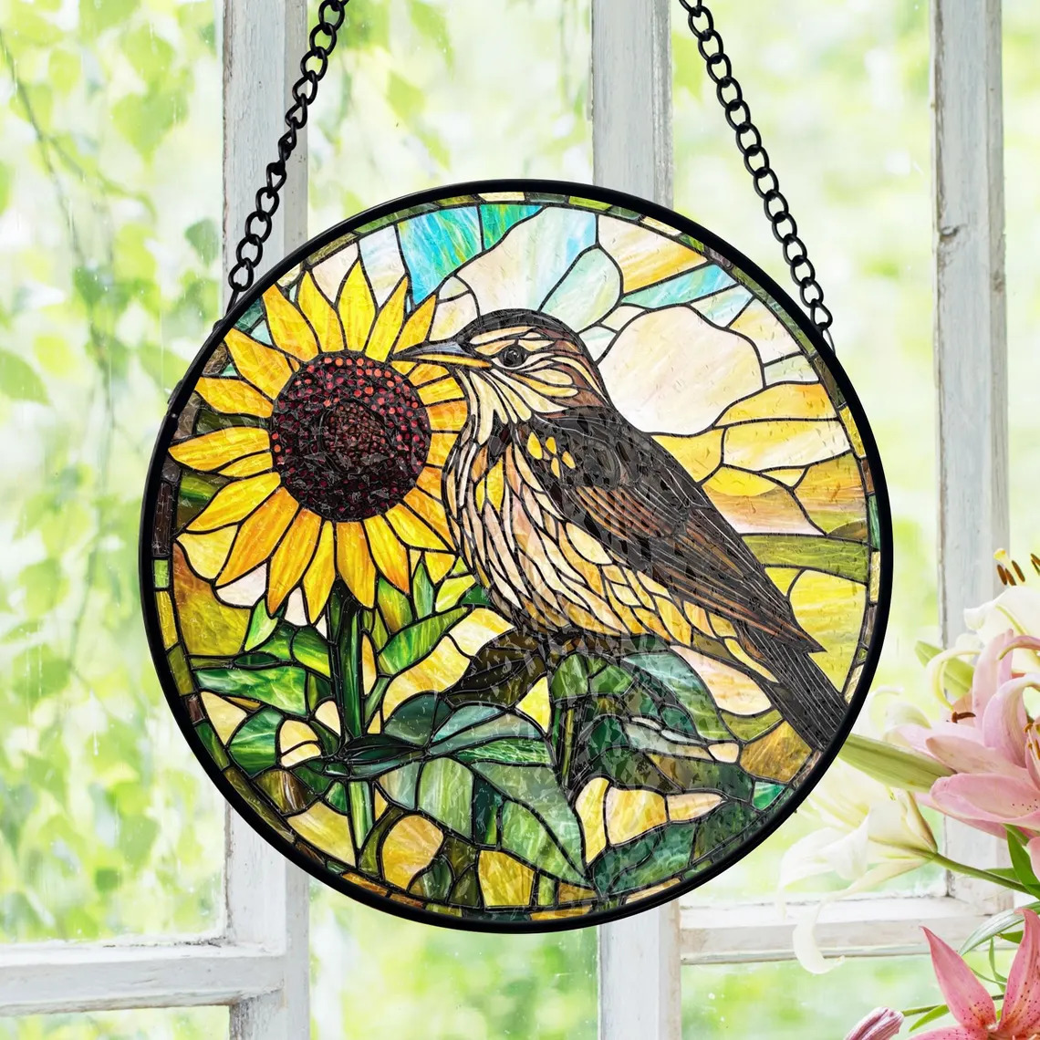 Round stained glass suncatcher with a starling and sunflower hanging in a window