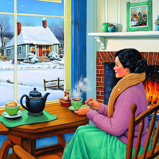 Painting of a woman by a fireplace with tea, looking through an open door at a snowy cottage