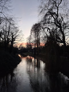 River reflecting a winter sunset sky with bare trees silhouetted along both banks