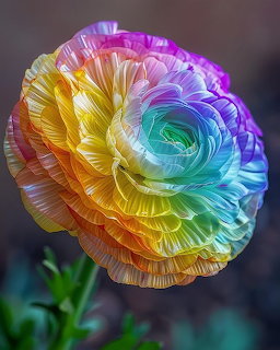 Close-up of a rainbow-colored ranunculus flower with layered petals in gradient hues from yellow to purple