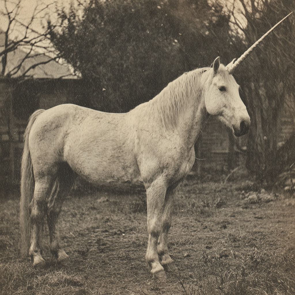 Sepia photo of a white horse with a unicorn horn standing outdoors in a grassy yard