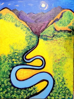 Colorful painting of a winding blue river through yellow and green hills with purple mountains moon