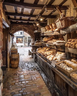 Rustic bakery shop with wooden beams, shelves of bread, wicker baskets, and brick floor leading to arched doorway