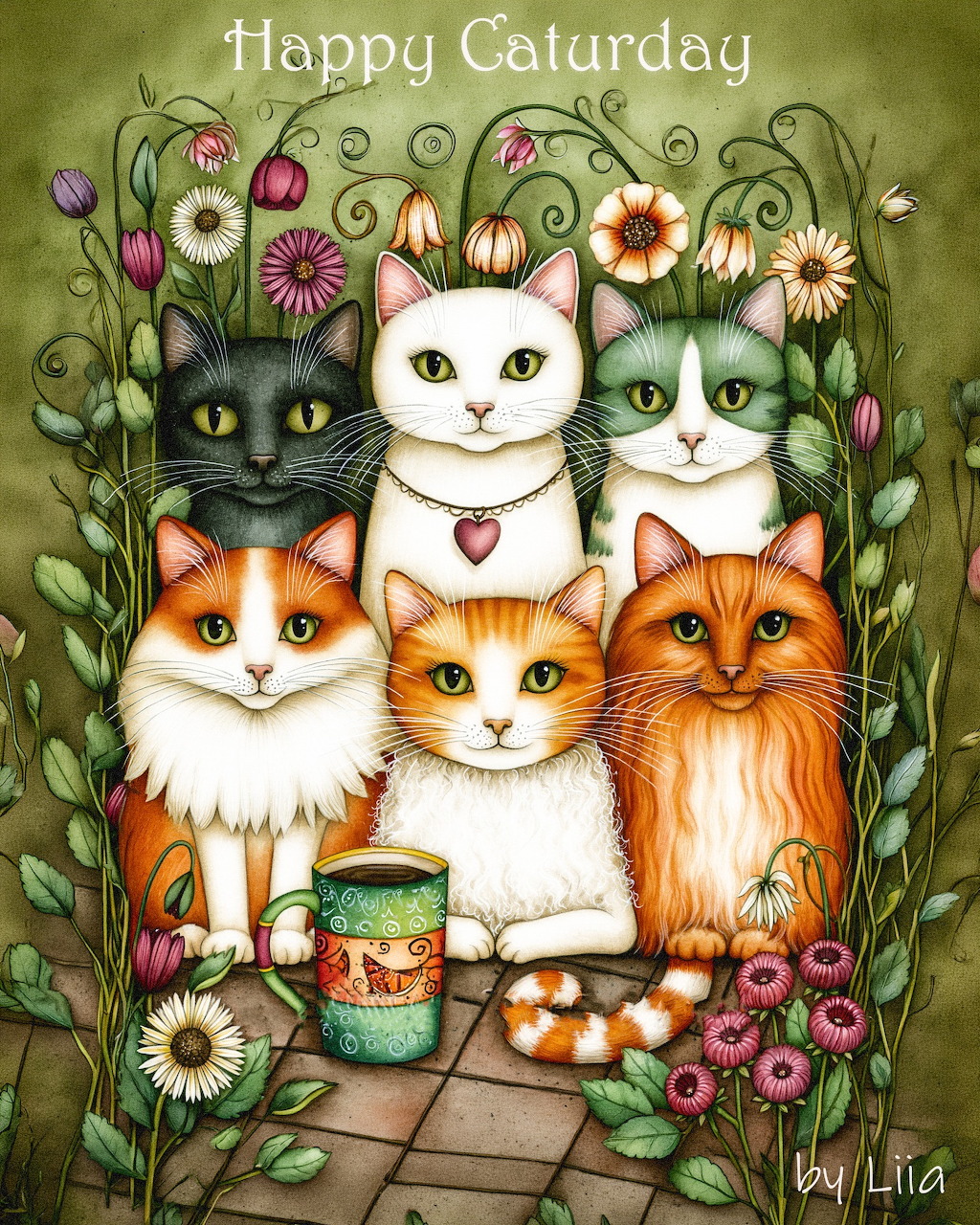 Illustrated group of cats in a colorful flower garden with pink bloms and green foliage