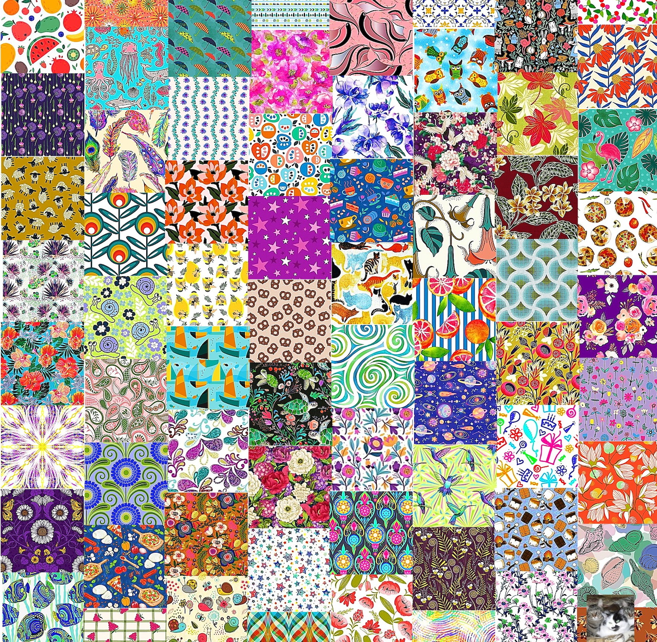 Colorful patchwork quilt with diverse floral, geometric, and abstract fabric patterns in a grid arrangement