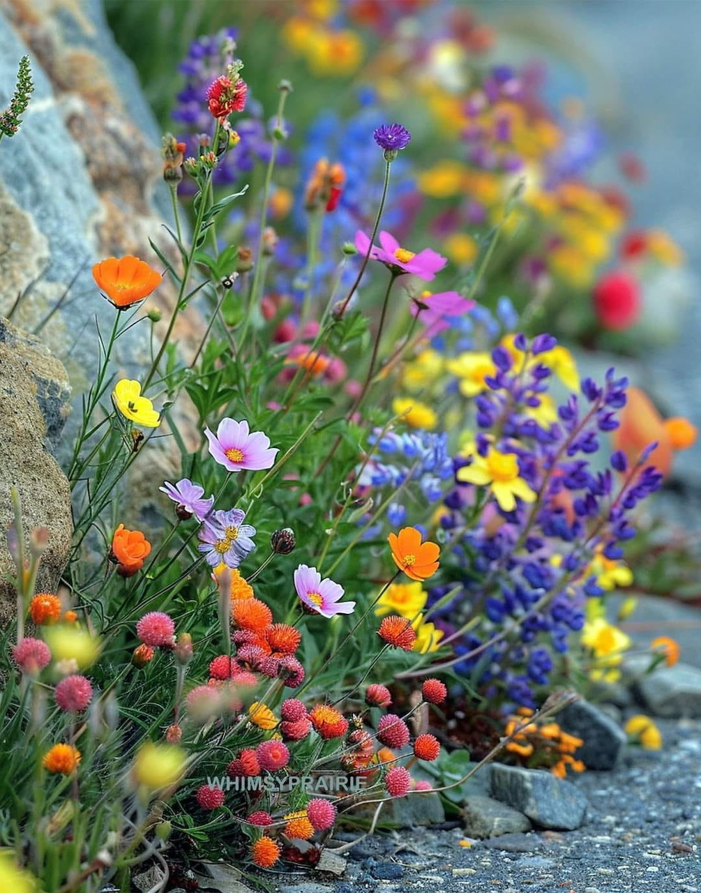 Colorful wildflowers growing beside rocks along a path