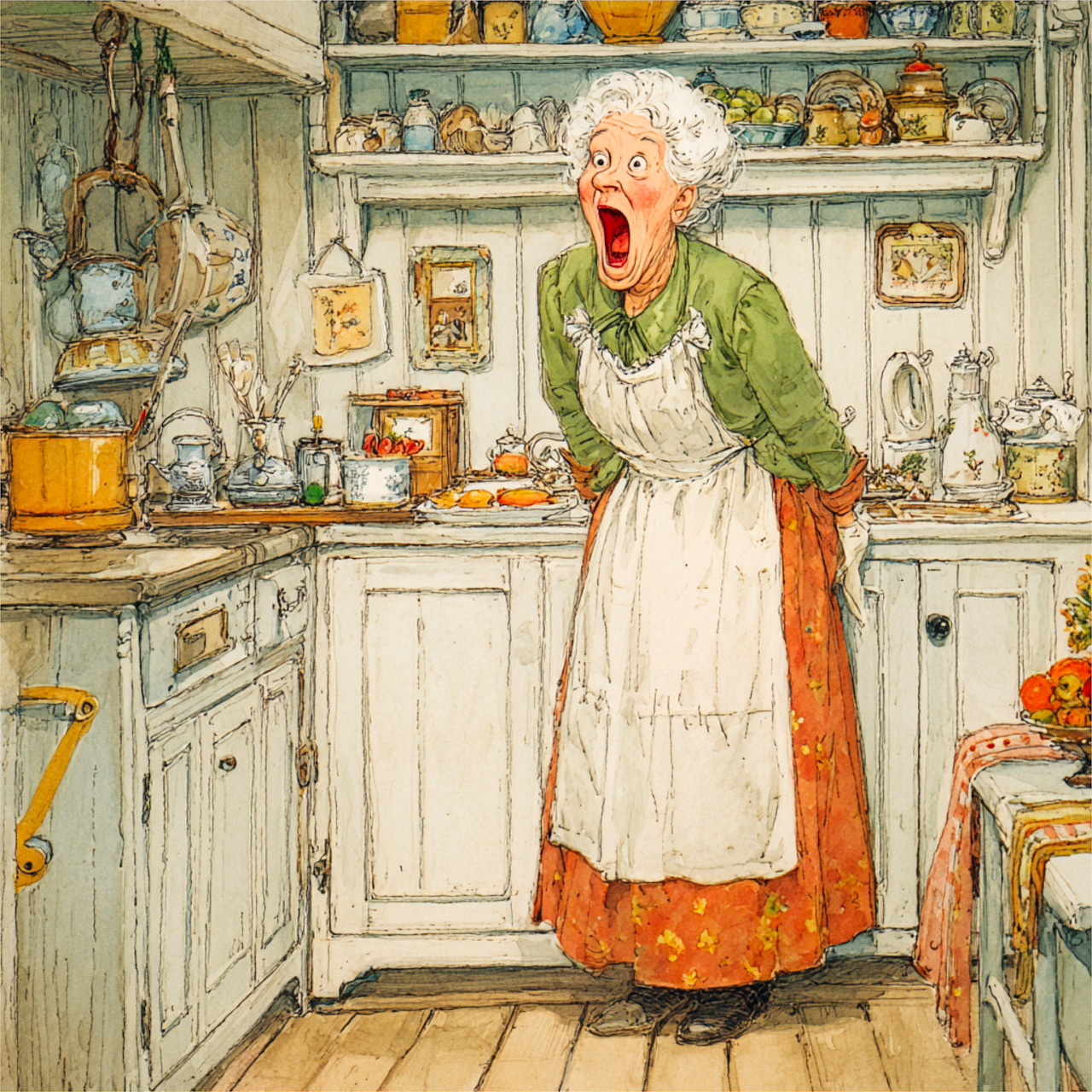 Elderly woman in apron stands surprised in cozy vintage kitchen with shelves of colorful dishes
