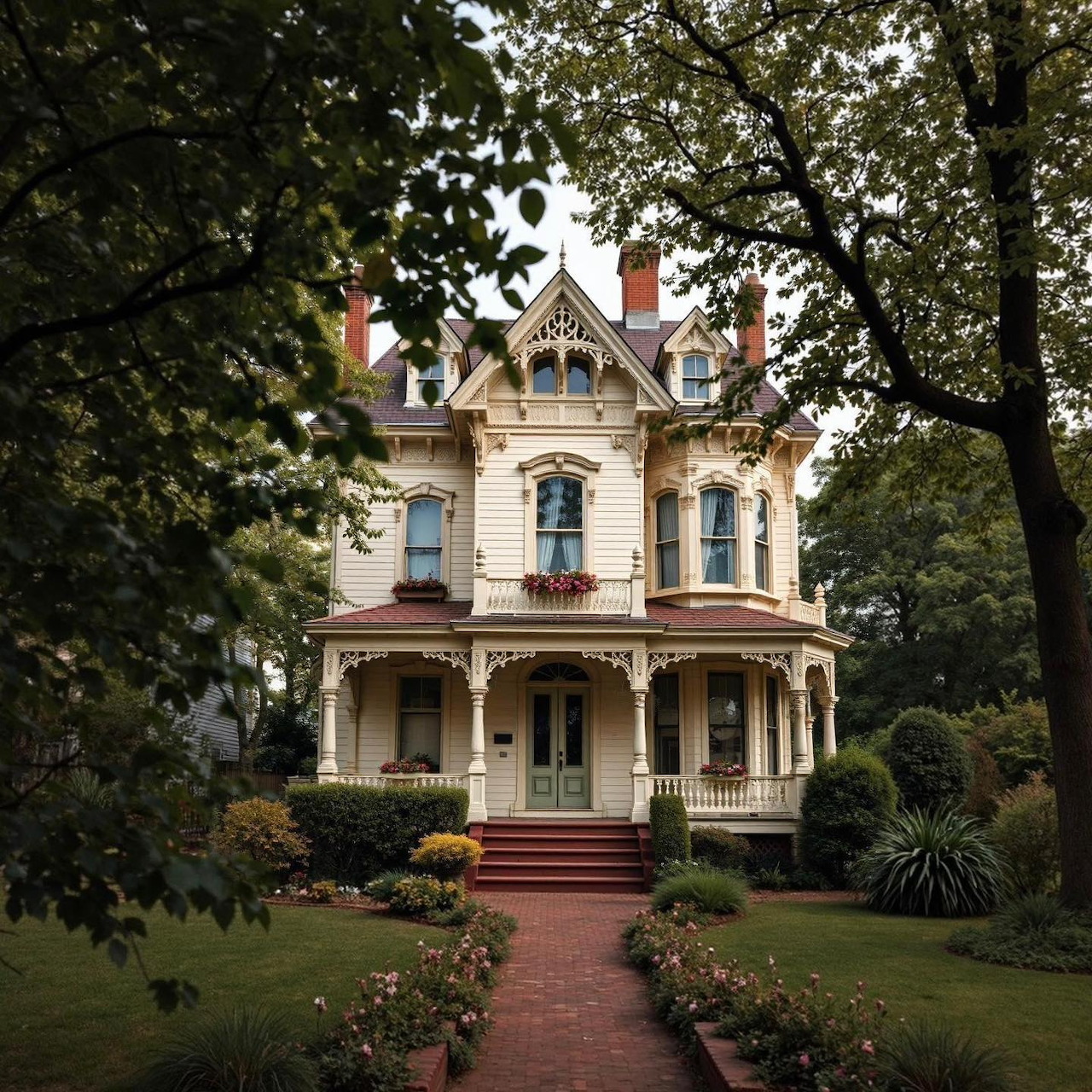 Victorian mansion with ornate details, porch, red brick walkway, and garden framed by trees