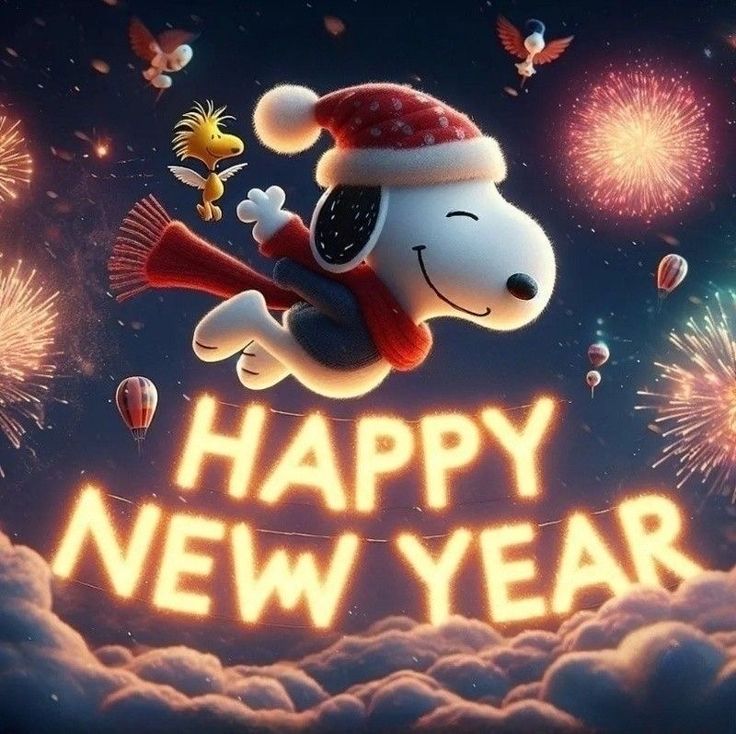 Snoopy wearing Santa hat flying above Happy New Year text with fireworks in night sky