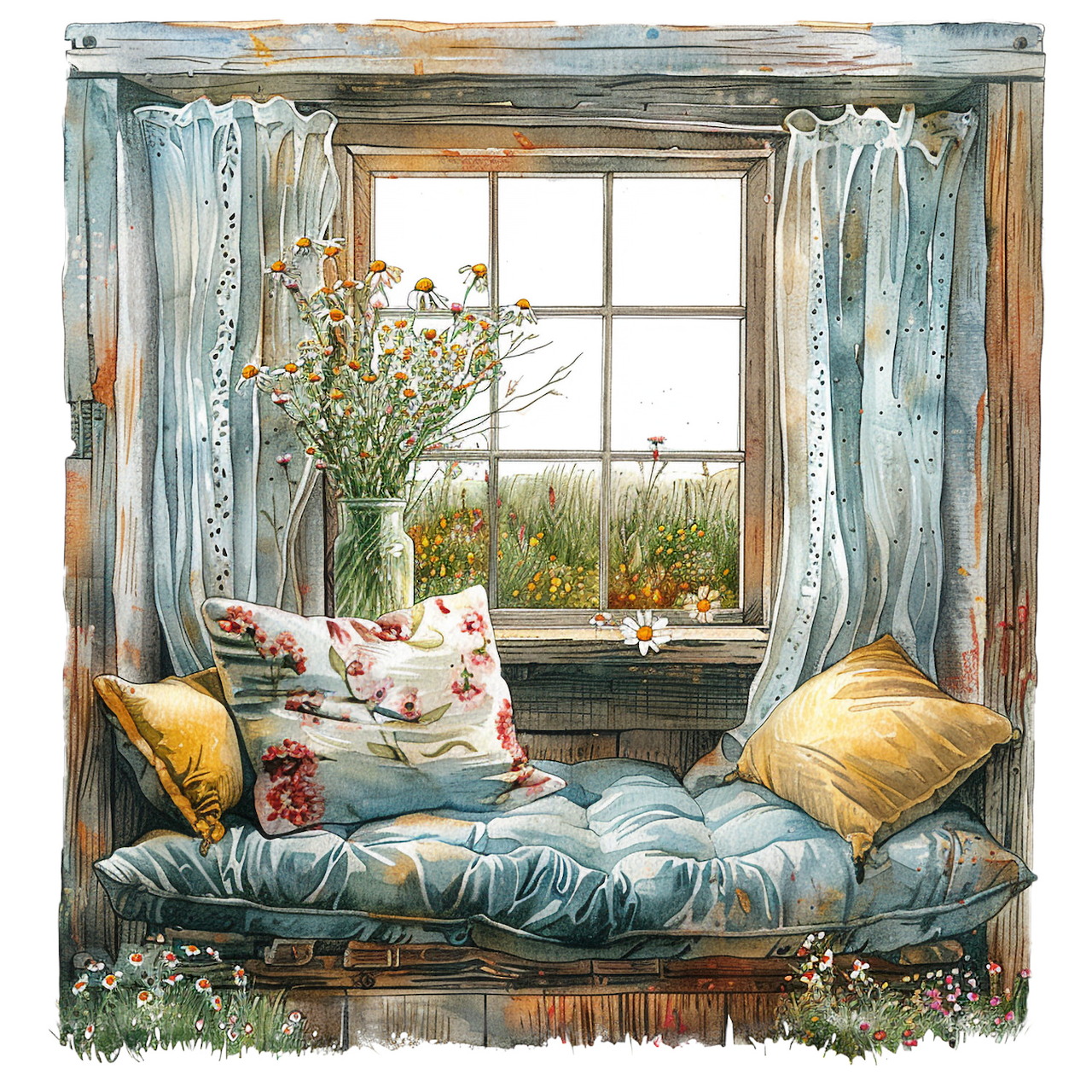 Cozy window seat with teal cushions, yellow pillows, floral curtains, and vase of wildflowers by sunny window