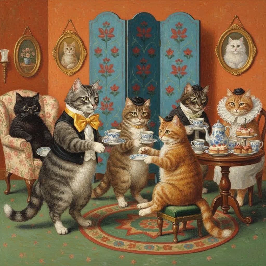 Illustration of several dressed cats gathered for tea with cups and pastries in a vintage room