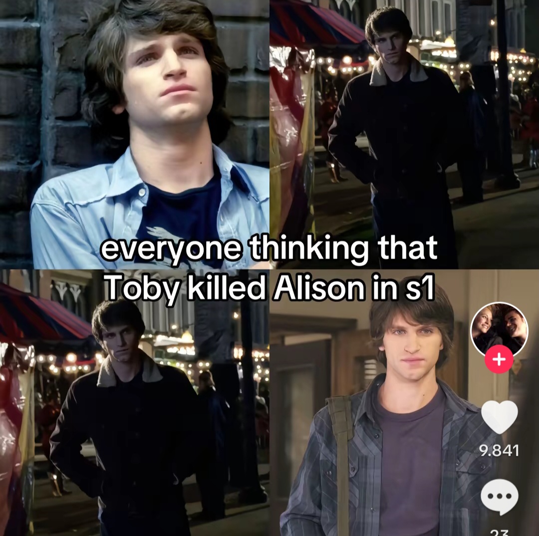 Four-panel TV show collage of Toby with meme text about Alison in season 1