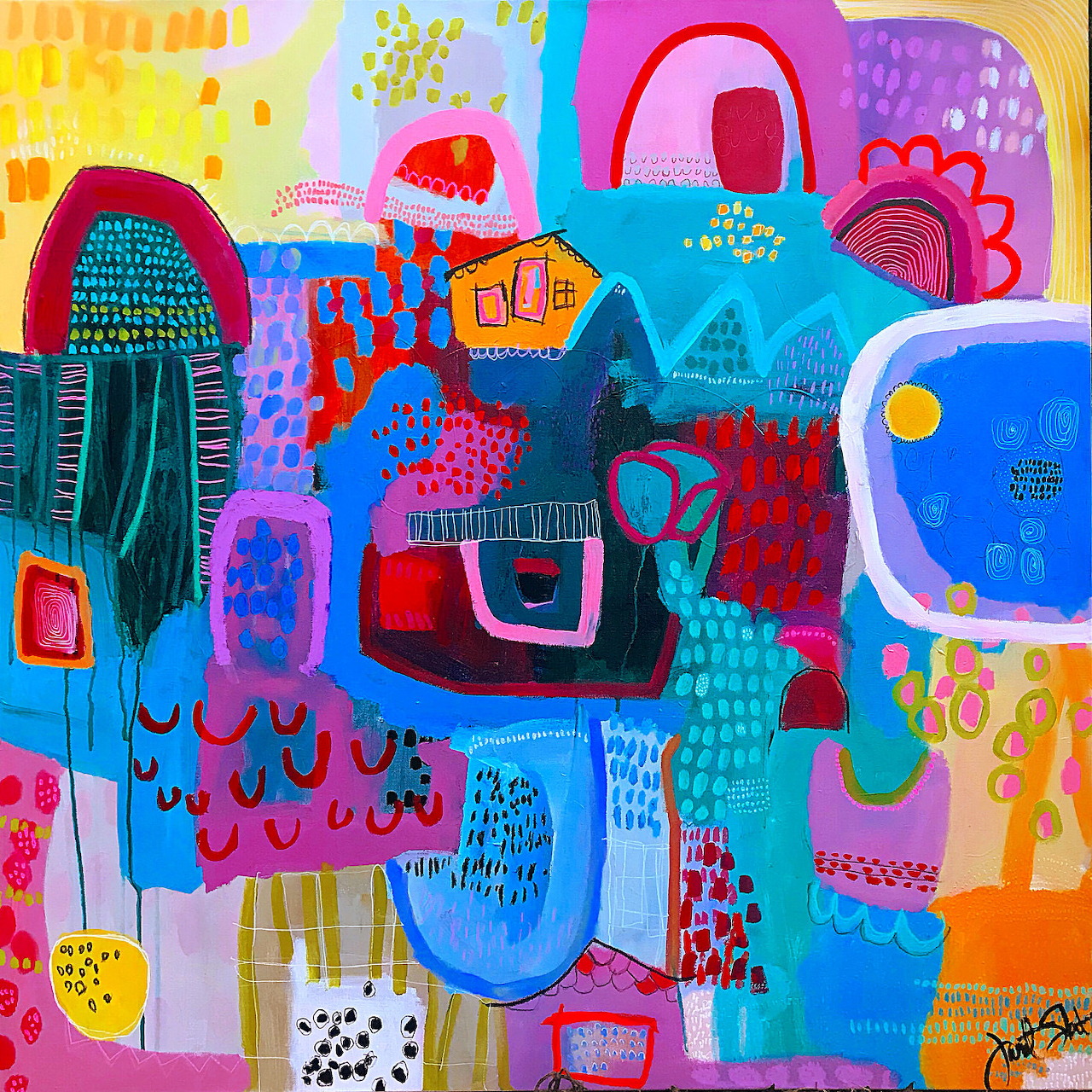 Colorful abstract painting with overlapping shapes, patterns, and vibrant colors including pink, blue, yellow, and red