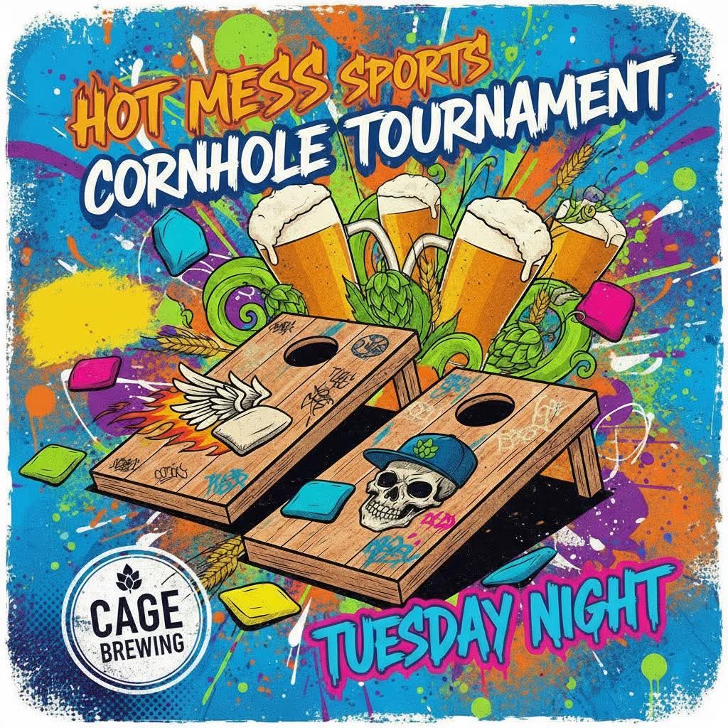 Colorful cartoon illustration of cornhole boards with beer and paint splashes for a tournament flyer