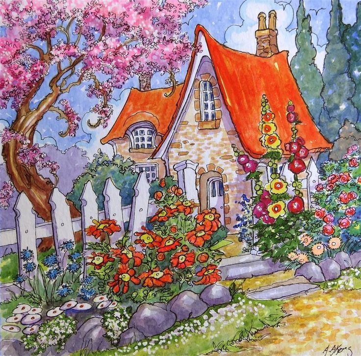 Painting of a cottage with an orange roof surrounded by colorful flowers and blooming trees