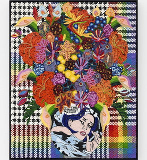 Colorful collage artwork of patterned flowers in decorative vase on houndstooth background