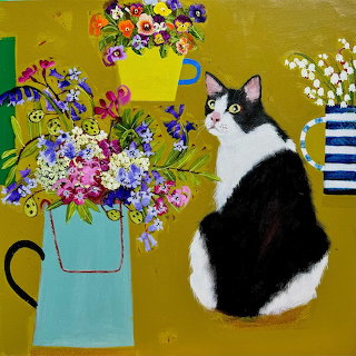Tuxedo Cat with Flowers