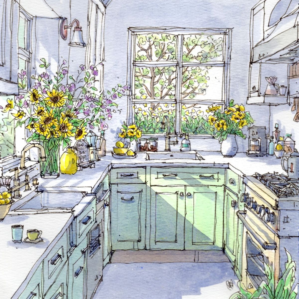 Watercolor illustration of cozy kitchen with mint cabinets, window, and colorful flowers