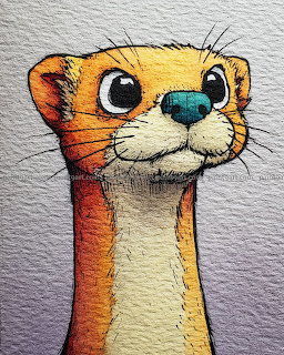 Watercolor illustration of a cute orange weasel with large eyes and a teal nose on textured paper