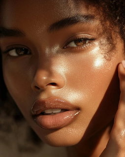 Close-up portrait of a young woman with glowing dewy skin in warm golden light