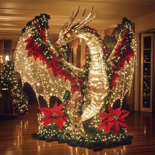 Illuminated dragon Christmas display indoors with garland, lights, and red poinsettias