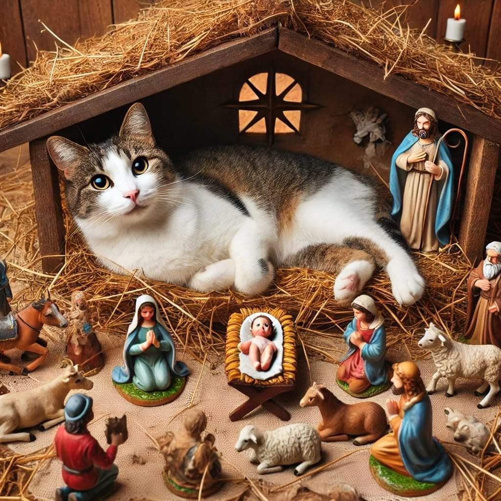 Calico cat lying in a nativity scene manger surrounded by Christmas figurines and straw