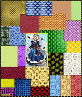 Patchwork collage with Santa Claus center piece surrounded by colorful pattern squares