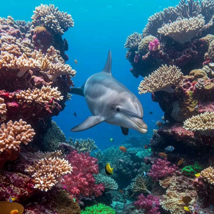 Dolphin swimming between colorful coral formations in a tropical underwater reef