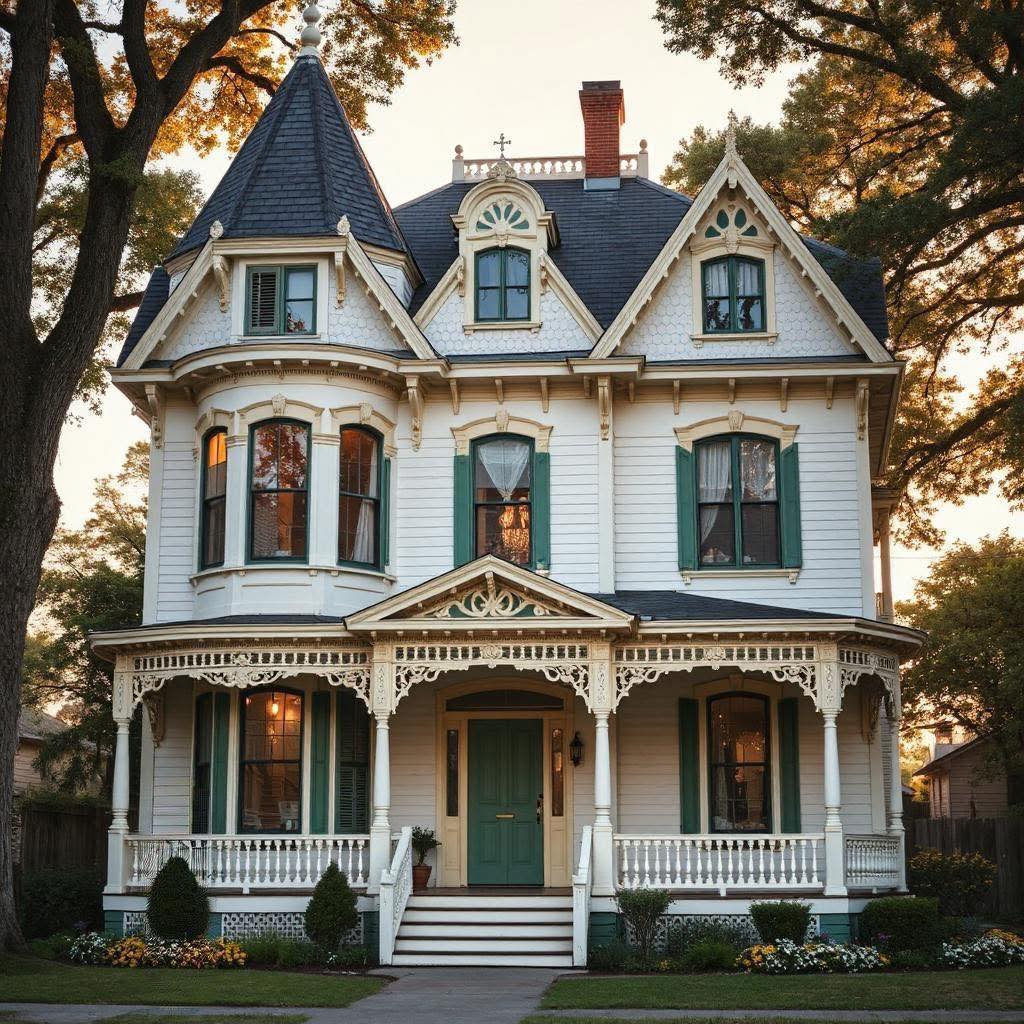 White Victorian house with turret, wraparound porch, and ornate architectural details at sunset