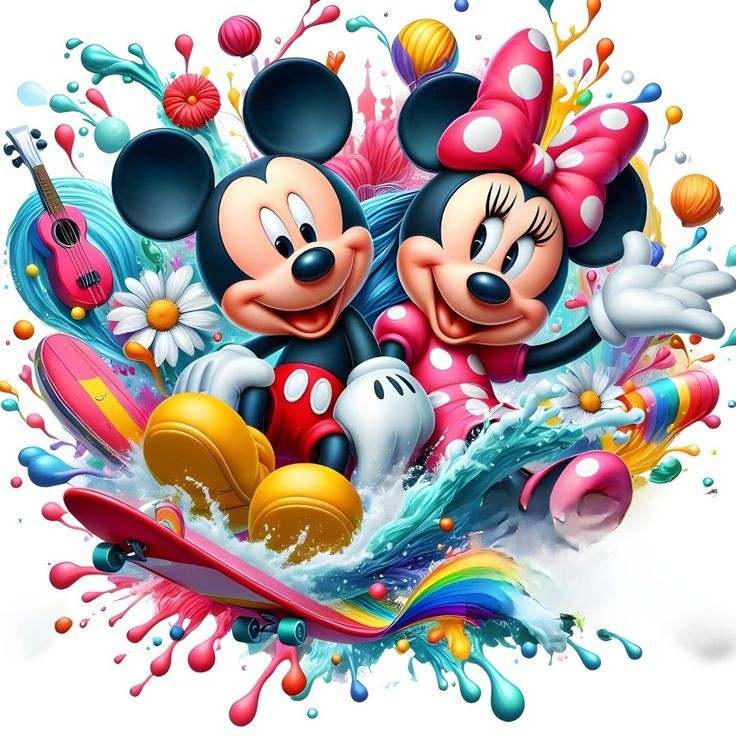 Mickey and Minnie Mouse in colorful splash with flowers and decorative elements