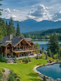 Large log cabin home beside a mountain lake with green lawns, pine trees, and distant peaks