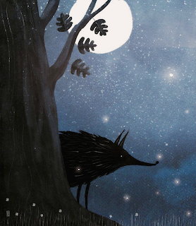 Illustration of a black hedgehog under a tree with a full moon and starry blue night sky