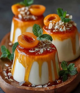 Three panna cotta desserts with caramel drizzle, apricot halves, nuts, and mint on a wooden plate
