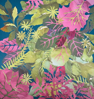Colorful tropical floral pattern with pink flowers and green leaves on teal background