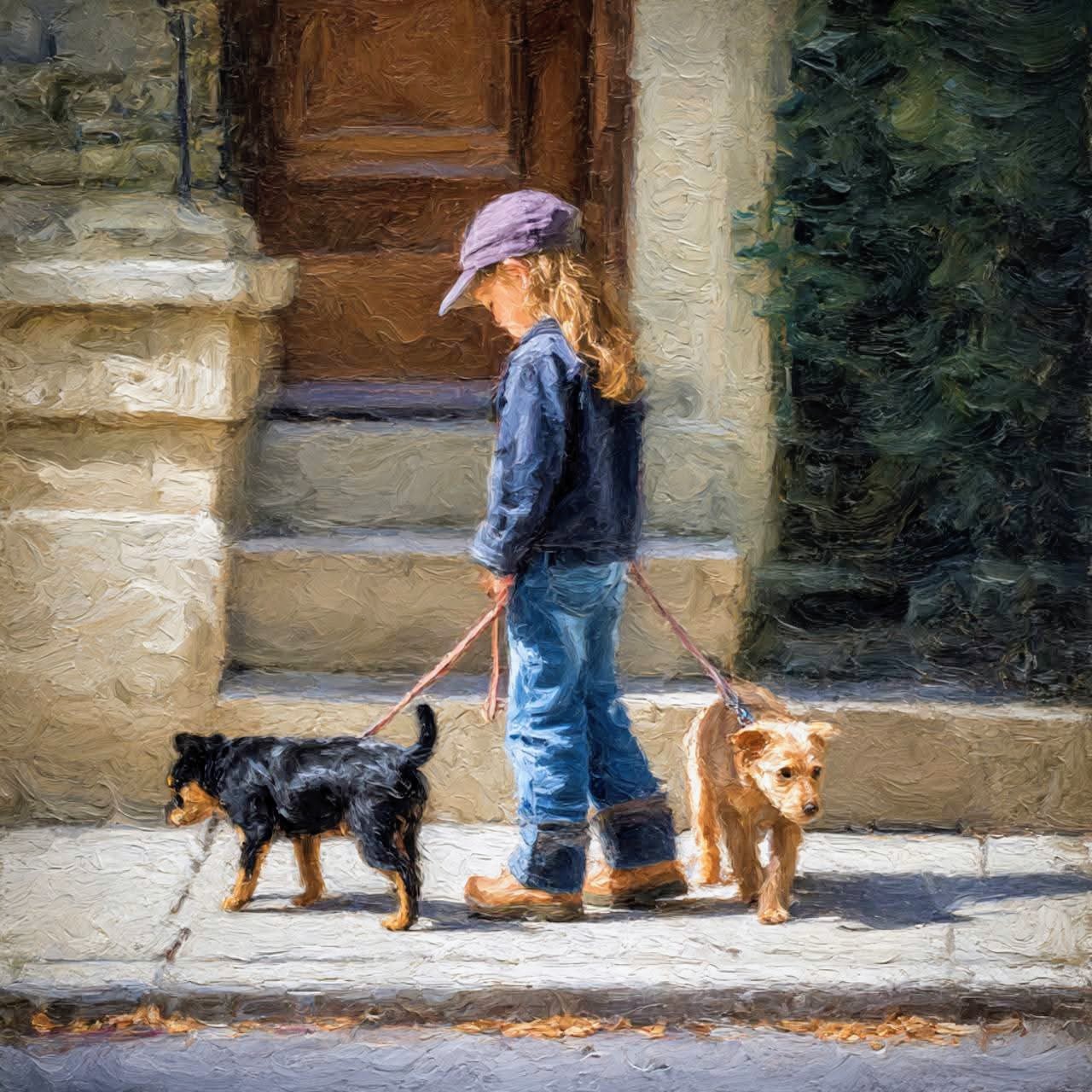Little Girl Walking Dogs