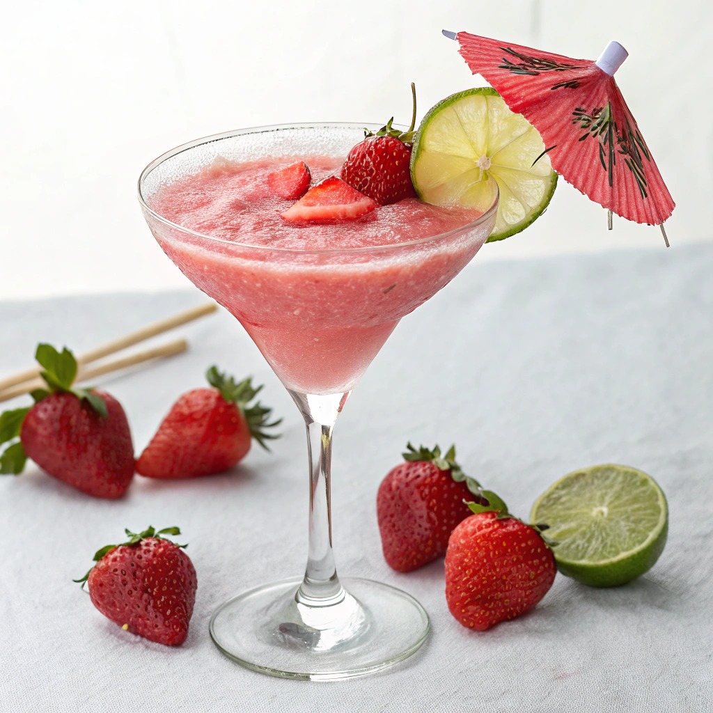 Pink strawberry daiquiri in a martini glass with strawberries, lime, and a red cocktail umbrella