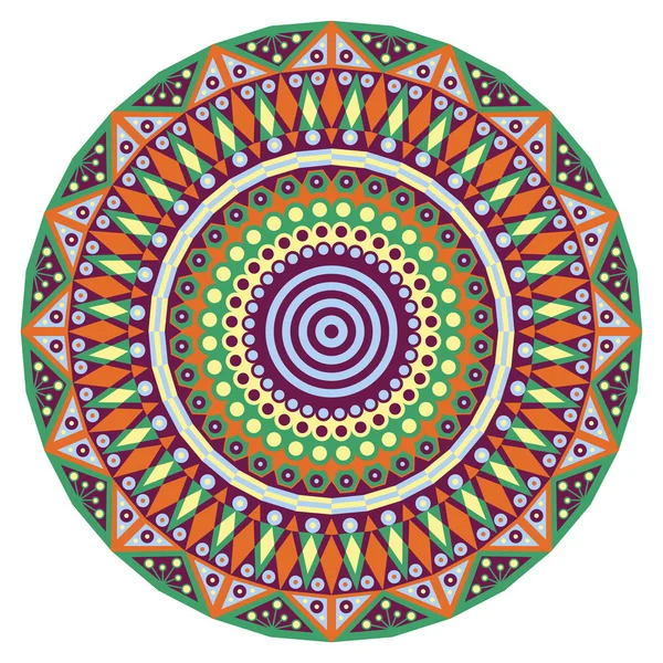 Colorful circular mandala with geometric patterns and concentric rings in purple, orange, yellow, red, and green