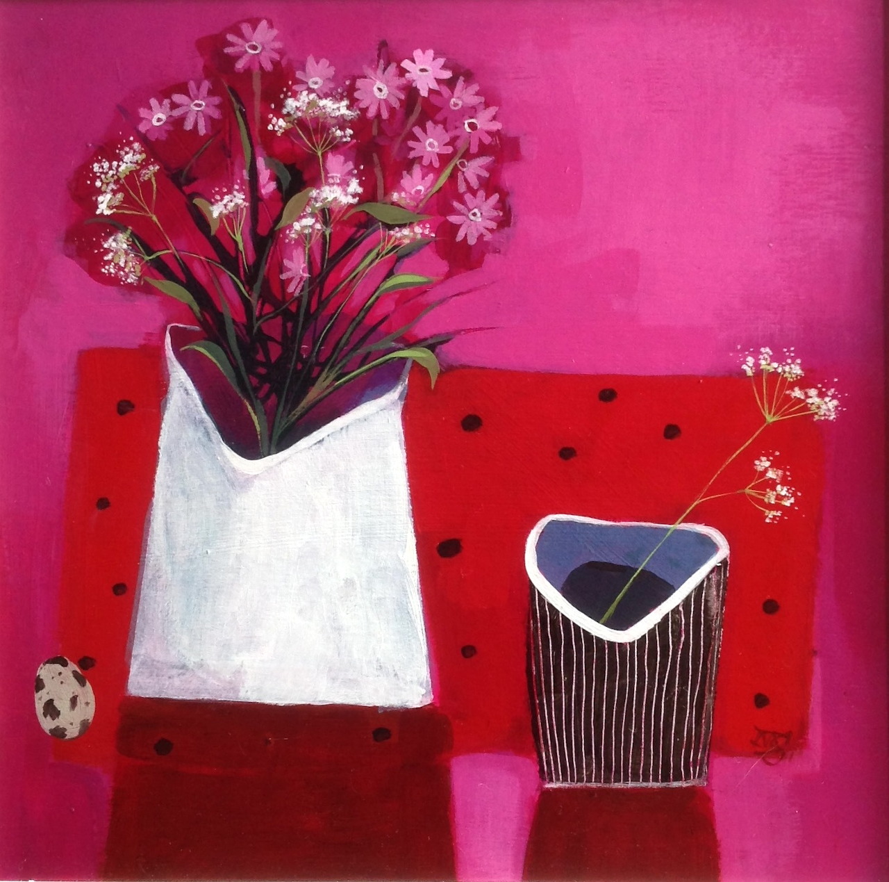 Still life painting with pink flowers in white vase, heart container, red polka dots, and magenta background