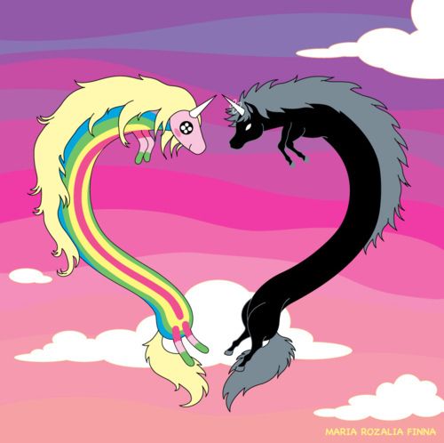 White and black unicorns forming a heart in a pink sky with clouds and rainbow hair