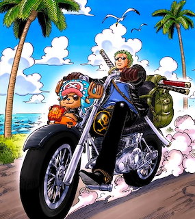 Anime characters on motorcycle at tropical beach with palm trees and clouds