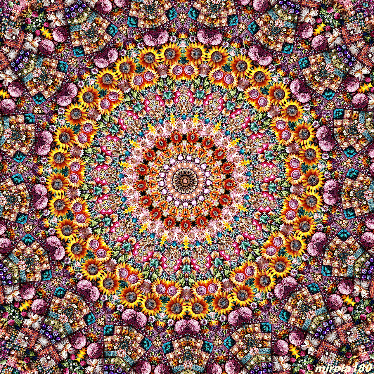 Intricate circular mandala with vibrant geometric patterns in orange, yellow, blue, purple, and pink radiating symmetrically