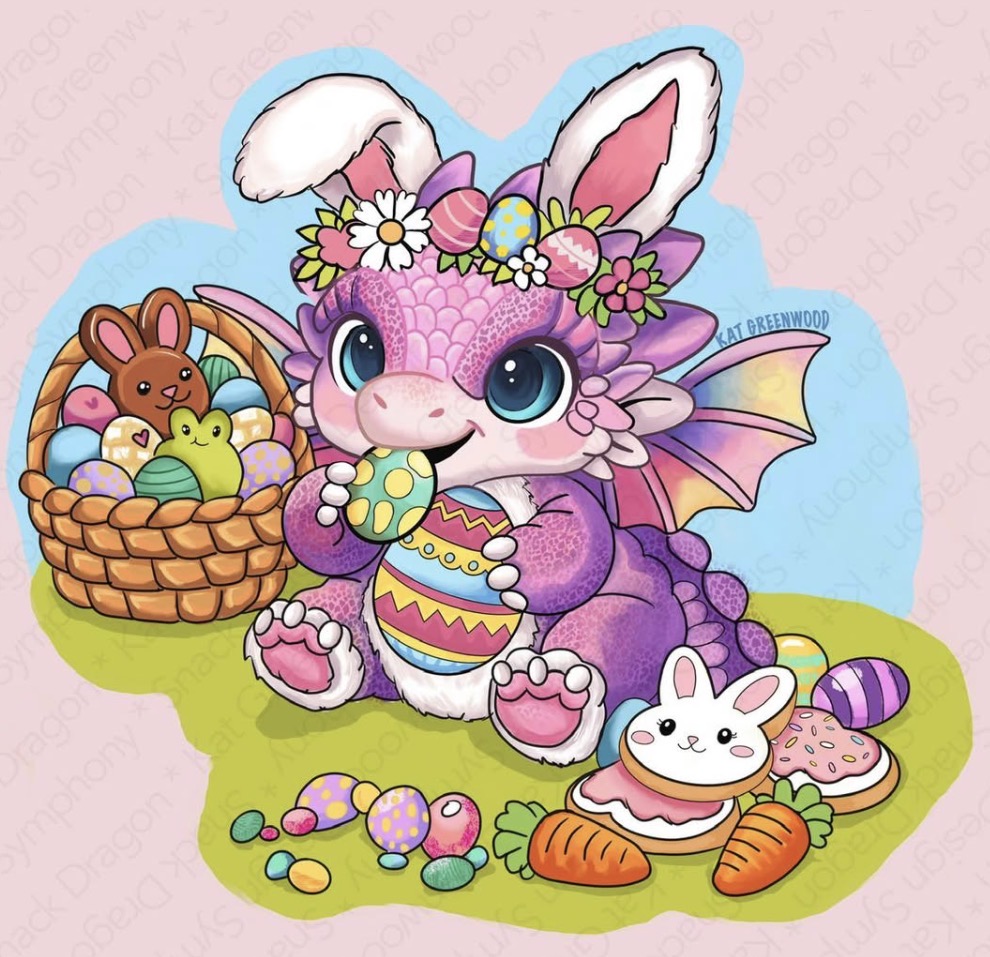 Cute cartoon purple dragon with bunny ears holding an Easter egg next to a basket of eggs and bunnies