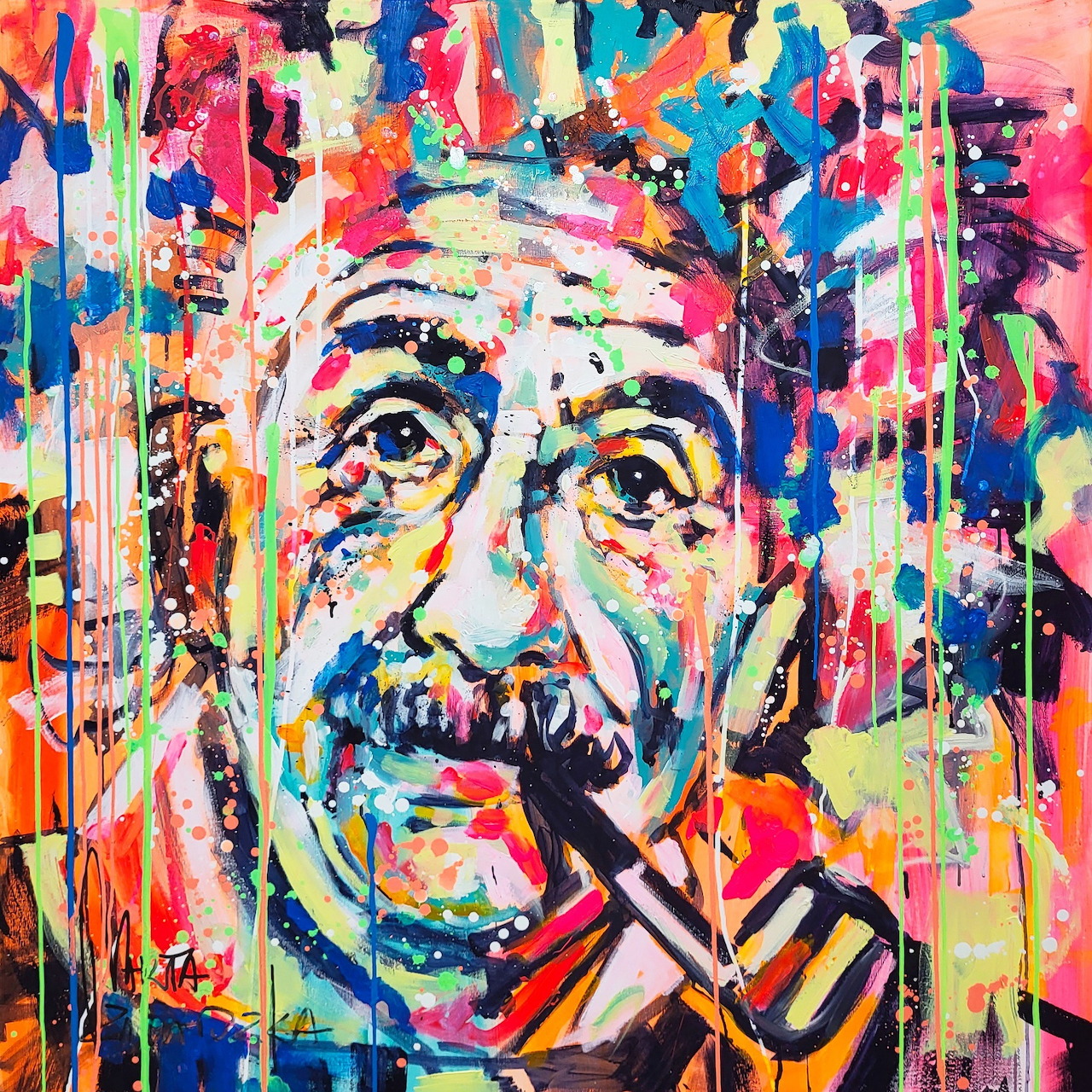 Colorful abstract portrait of Albert Einstein with vibrant paint drips and bold brushstrokes