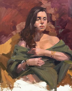 Oil painting of woman in green shawl with brown hair, seated pose, warm impressionistic background