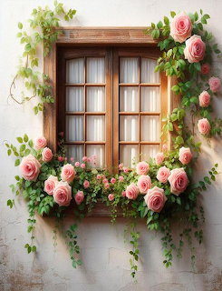 Wooden window framed by pink roses and green vines on a textured cream wall