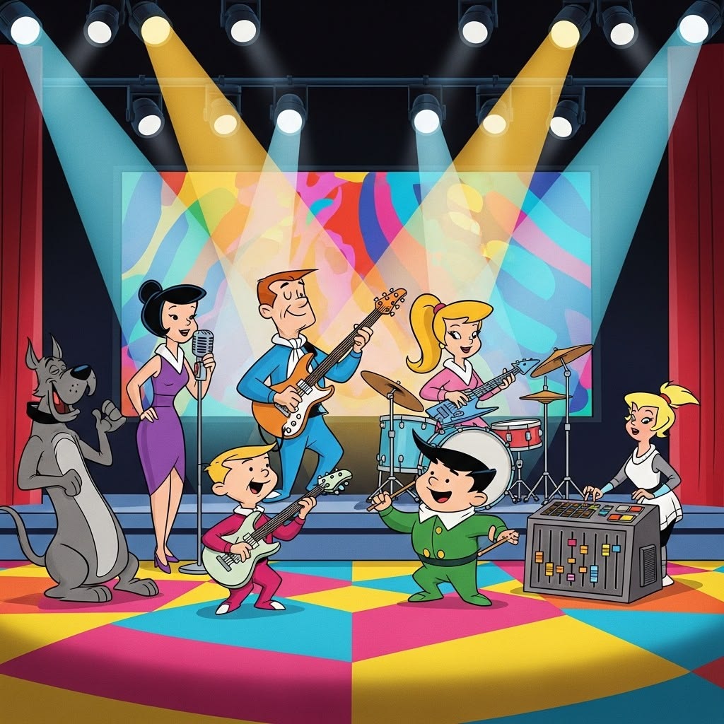 Colorful cartoon band playing on a stage with guitars, drums, spotlights, and dancing characters