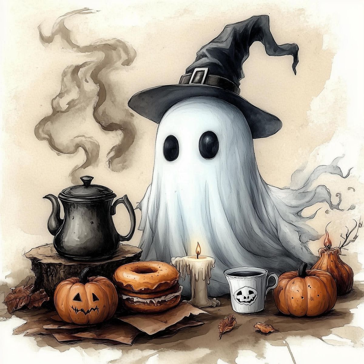 Cute ghost wearing witch hat with Halloween pumpkins, teapot, and treats in watercolor illustration