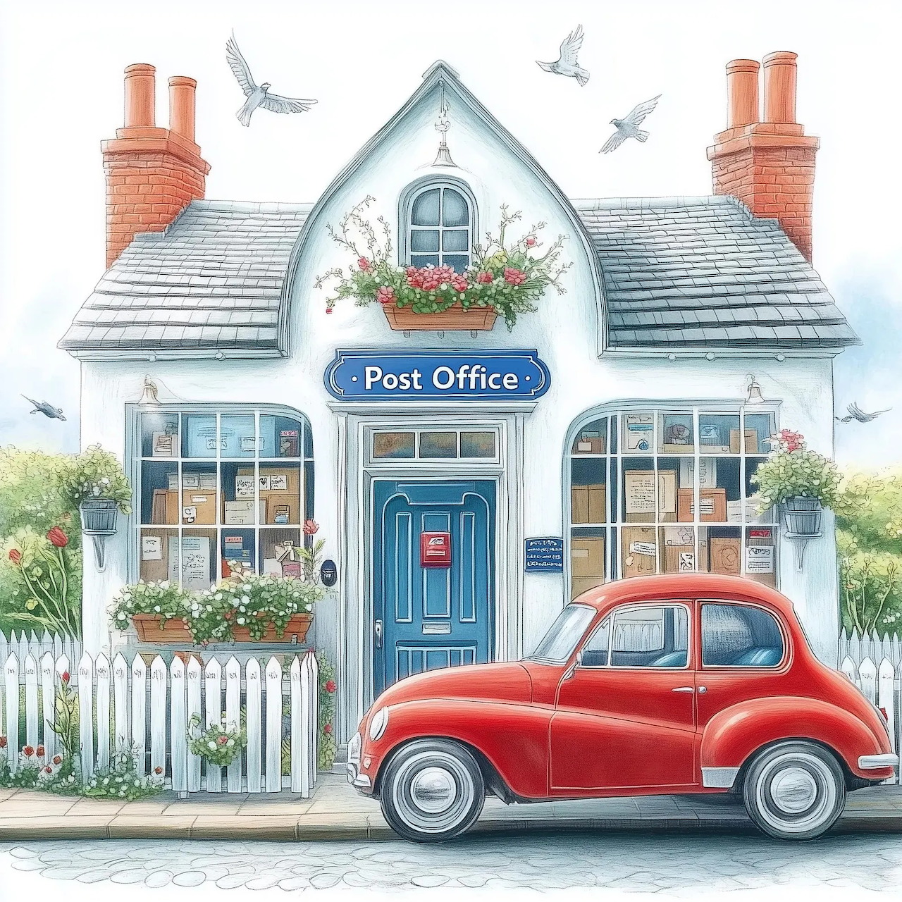 Illustrated post office cottage with flowers and a vintage red car in front