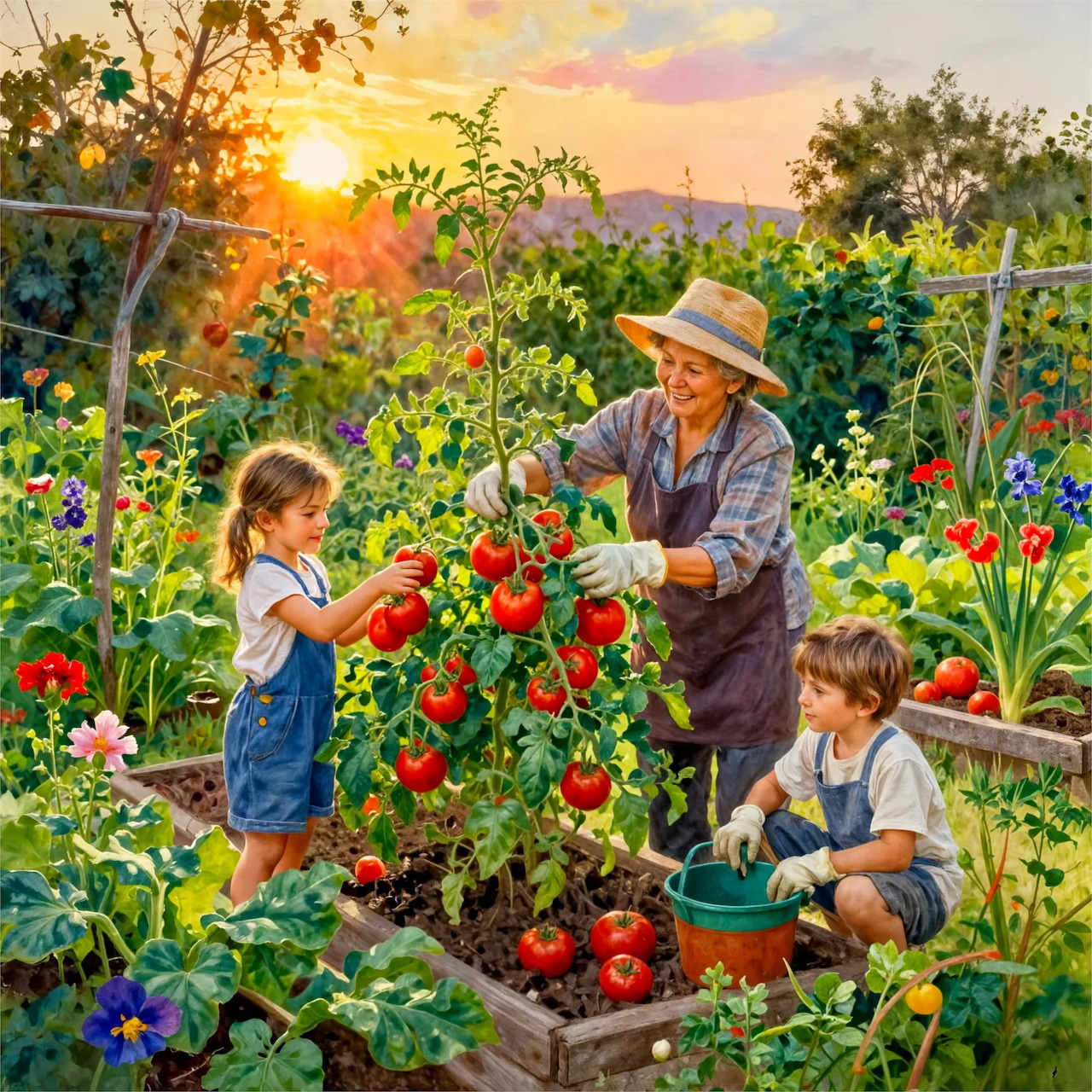 Older woman and two children picking tomatoes in a lush flower-filled garden at sunset
