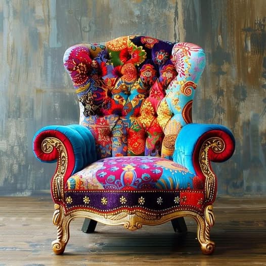 Ornate armchair with vibrant patchwork upholstery in reds, blues, and golds with floral patterns and carved gilded legs